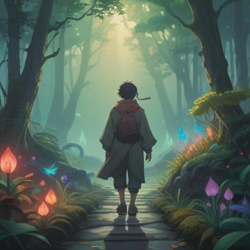 A serene and introspective scene, a person standing alone on a misty path, surrounded by ethereal light, symbolic items floating in the air representing loss, a gentle breeze rustling the leaves, tranquil atmosphere, deeper understanding of life's transitions, spiritual awakening, lush greenery, soft light filtering through trees, 4k