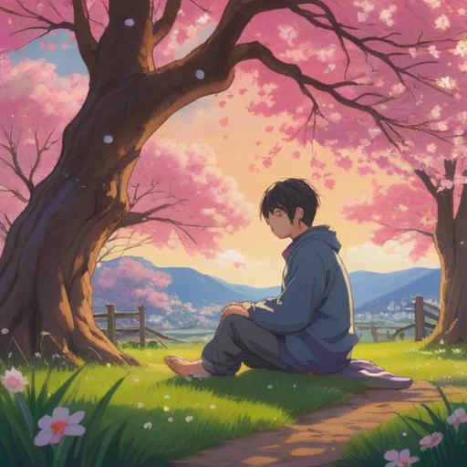 A serene scene depicting a person sitting alone under a cherry blossom tree, soft petals falling around, deep sense of loss in their expression, light breaking through the branches symbolizing hope, a small glowing orb held in their hands representing newfound luck, gentle breeze creating movement in their clothing, warm colors blending in the sunset background, tranquil atmosphere, focus on emotional depth and transformation, 4k