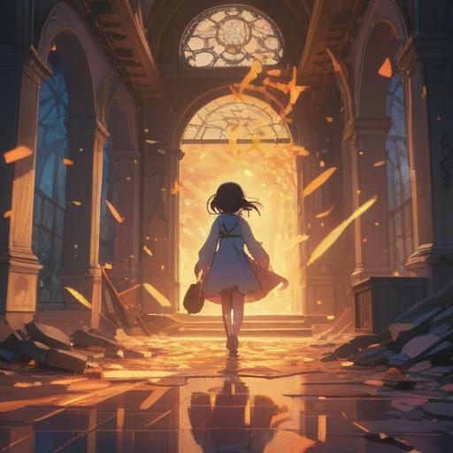 A serene and introspective scene depicting the moment when something cherished breaks, ethereal light illuminating the fragments, a soft aura surrounding the shattered pieces, symbolic elements representing loss and transformation, gentle flowing water in the background symbolizing healing, warm colors contrasting with cool tones, conveying a deep emotional resonance, 4k