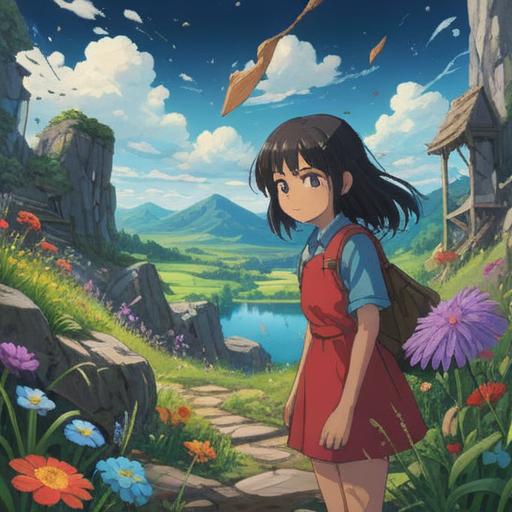 A symbolic illustration of finding new fortunes in brokenness, a picturesque landscape with fragments of shattered objects, vibrant wildflowers blooming from the cracks, a warm sunlight breaking through the clouds, a path leading towards a bright horizon, conveying hope and renewal, intricate details in nature, 4k