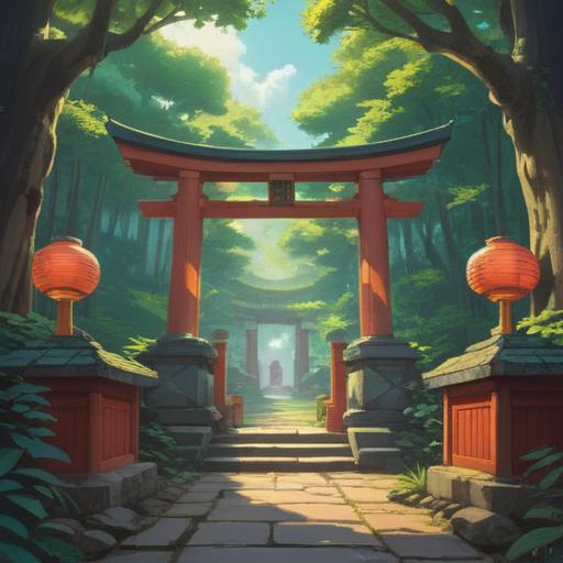 A serene and mystical illustration of Ose Shrine, surrounded by lush greenery, dappled sunlight filtering through ancient trees, sacred torii gate leading to the shrine, ethereal light illuminating the path, calming atmosphere, elements of spirituality, reflection pool nearby, soft whispers of nature, tranquil setting, harmony between tradition and nature, 4k