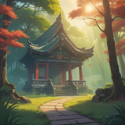 A serene landscape featuring Ose Shrine, sun rays filtering through the trees, ethereal mist surrounding the shrine, vibrant greenery, tranquil atmosphere, traditional Japanese architecture, symbolic elements reflecting spiritual guidance, peaceful meditation space, harmonious connection with nature, 4k