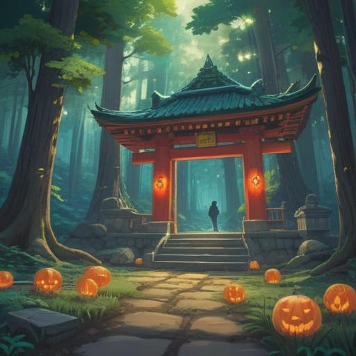 A serene scene at Ose Shrine, visitors observing spiritual signs, ethereal light filtering through trees, mystical symbols etched in the ground, tranquil water reflecting nature, peaceful atmosphere, vibrant greenery, traditional Japanese architecture, 4k