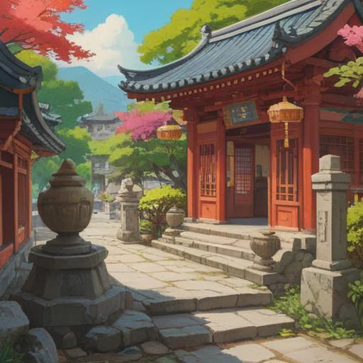 A serene moment at Ose Shrine after a worship visit, a bright sunny day, visitors receiving lucky charms, traditional Japanese architecture, vibrant greenery surrounding the shrine, cultural significance of lucky items, peaceful atmosphere, detailed depiction of charms, happy expressions, vivid colors, 4k