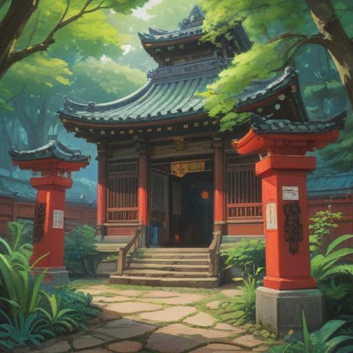 A serene visit to Ose Shrine, peaceful atmosphere, lush greenery surrounding the shrine, a visitor in traditional attire reflecting on memories, gentle sunlight filtering through the trees, tranquil lake in the background, soft ripples in the water, spiritual ambiance, 4k