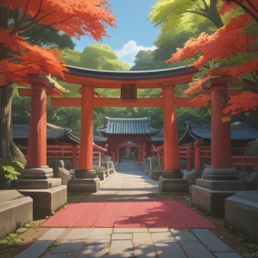 A serene landscape featuring Oosugi Shrine, lush greenery surrounding the shrine, a vibrant red torii gate, gentle sunlight filtering through the trees, people in traditional clothing performing a prayer, an aura of tranquility and spirituality, symbols of good fortune and blessings, peaceful atmosphere, intricate details of the shrine architecture, 4k