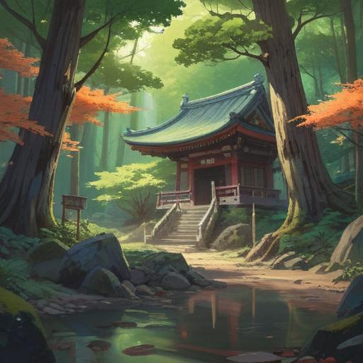 A serene visit to Osugi Shrine, spiritual signs in the surroundings, ancient trees whispering wisdom, soft light filtering through leaves, visitors reflecting on their journey, tranquil atmosphere, sacred path leading to the shrine, subtle energy emanating from the stones, 4k