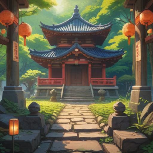 A serene scene at Osugi Shrine after prayer, focus on a lucky charm, traditional Japanese design, vibrant colors, sunlight filtering through trees, peaceful atmosphere, visitors expressing gratitude, intricate details of the shrine architecture, 4k