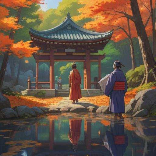 A reflective scene at Oosugi Shrine, showcasing worshippers in traditional attire, serene atmosphere, vibrant autumn leaves, soft sunlight filtering through trees, cultural significance of shrine visits, peaceful contemplation, 4k