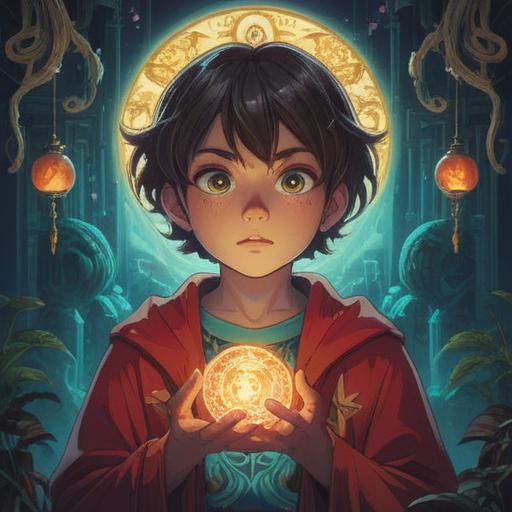 A mature child with a wise expression, surrounded by ethereal light, mystical symbols in the background, representing spiritual growth, deep connection to nature, calm and serene atmosphere, thoughtful gaze, vibrant colors, enchanting forest setting, harmony with the universe, 4k