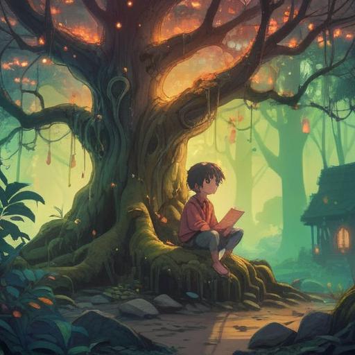 A captivating scene depicting a wise, mature child sitting under a large, ancient tree, surrounded by ethereal light, symbols of spirituality around them, a gentle breeze rustling the leaves, deep in thought, vibrant colors, intricate details in nature, a sense of calm and wisdom, inviting aura, 4k