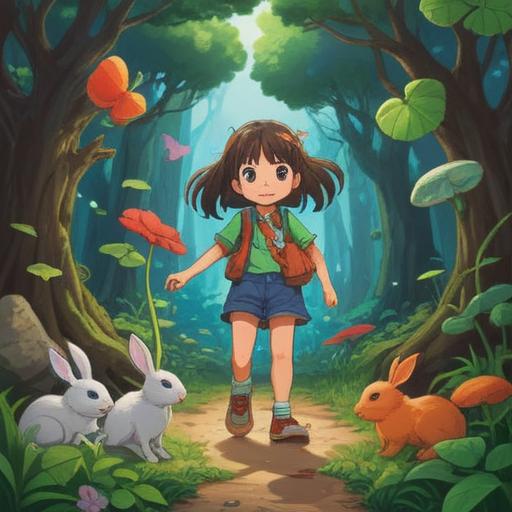 A whimsical illustration depicting a child with an air of maturity, surrounded by lucky items like four-leaf clovers and rabbits' feet, in a vibrant outdoor setting, expressive facial features showing wisdom beyond their years, enchanting sunlight filtering through trees, playful yet contemplative mood, richly detailed objects, 4k