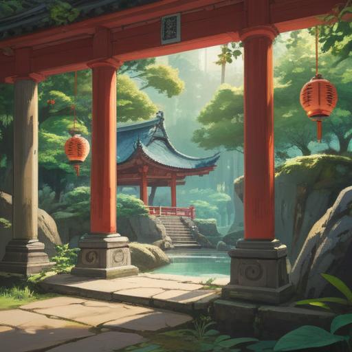 A serene landscape featuring the Omiwa Shrine, lush greenery surrounding the sacred site, ancient trees and traditional stone lanterns, ethereal light filtering through the leaves, spiritual connection to nature, reflecting the historical significance of Nara, harmonious atmosphere, 4k