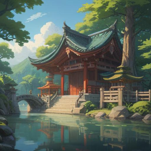 A serene landscape featuring the majestic Omiwa Shrine, surrounded by lush green forests, tranquil rivers, and sacred mountains, soft sunlight filtering through the trees, a sense of spiritual awakening, ancient stone pathways leading to the shrine, vibrant seasonal flowers blooming, peaceful atmosphere, people in meditation, ethereal glow, 4k