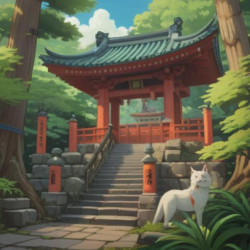 A serene illustration of the Okami Shrine, surrounded by lush greenery and traditional Japanese architecture, mystical aura enveloping the shrine, subtle spiritual signs such as glowing orbs and gentle spirit animals appearing in the background, tranquil atmosphere, inviting pathway leading to the shrine, harmonious blend of nature and spirituality, 4k