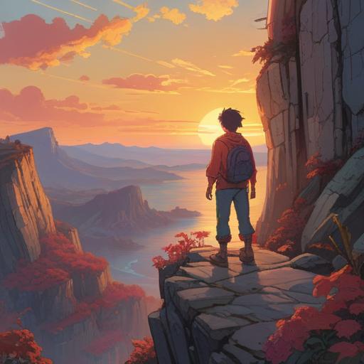 A symbolic illustration depicting a person standing at the edge of a cliff, gazing at a vibrant sunset, representing emotional release, ethereal light surrounding them, elements of spiritual growth, flowers blooming at their feet, soft wind flowing, serene atmosphere, inner peace and transformation, 4k