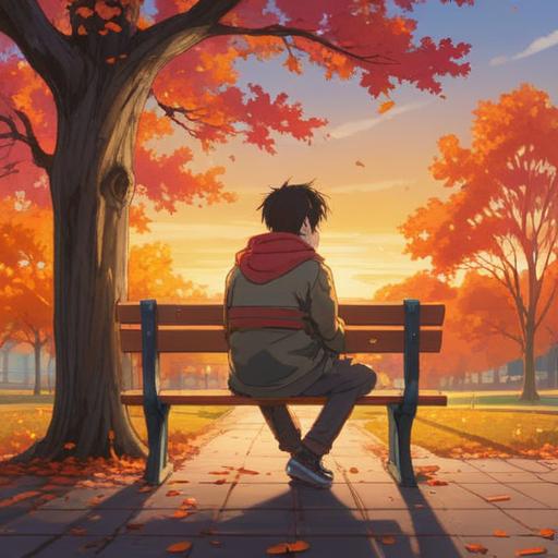 A reflective scene depicting a person sitting alone on a park bench, looking at the sunset, surrounded by autumn leaves, deep in thought, symbols of spiritual signs like feathers and butterflies in the air, soft light illuminating the figure's face, conveying introspection and emotional growth, serene atmosphere, calm colors, 4k