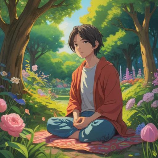 A tranquil scene of a person meditating in a serene garden, surrounded by blooming flowers, gentle sunlight filtering through the trees, a calm pond reflecting the sky, soft breeze rustling the leaves, peaceful expression, harmonious interaction with nature, vibrant colors, 4k
