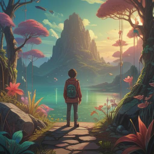 A serene and introspective illustration, a figure standing in a tranquil landscape, surrounded by ethereal glowing objects symbolizing lost treasures, soft light filtering through trees, a sense of reflection and growth, spiritual journey, vibrant colors, deep emotional connection, dreamlike atmosphere, 4k
