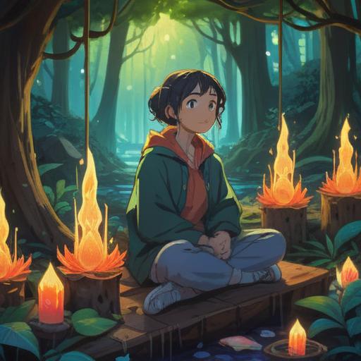 A serene illustration of a person sitting in a tranquil forest, surrounded by glowing spiritual healing items, such as crystals and incense, soft light filtering through the trees, a feeling of peace and introspection, subtle symbolism of loss and recovery, 4k