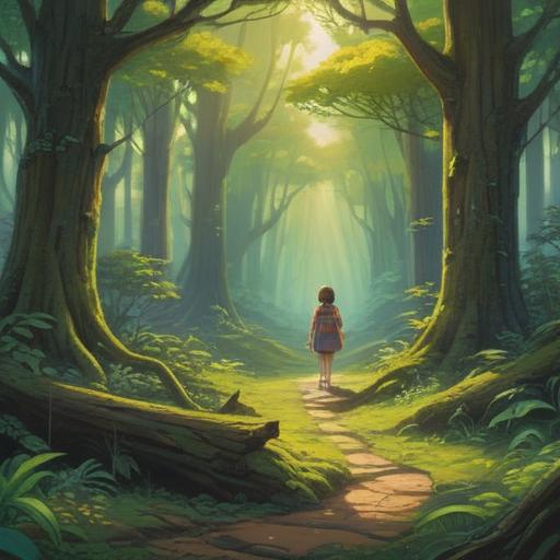 A serene scene depicting self-discovery, a peaceful forest path, dappled sunlight filtering through the trees, a solitary figure meditating by a tranquil stream, nature surrounding them, a sense of calmness and reflection, vibrant greenery, clear blue sky, introspective mood, 4k