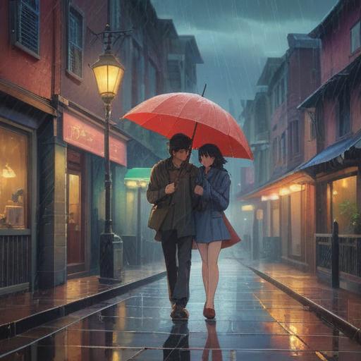 A serene scene of a couple under an umbrella, gentle rain falling around them, vibrant colors, a sense of calmness, the atmosphere filled with spirituality and reflection, raindrops symbolizing cleansing and renewal, soft lighting illuminating their faces, surrounded by lush greenery, 4k