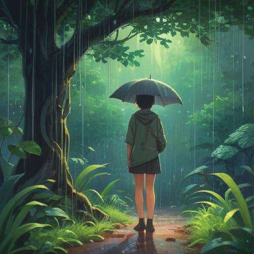 A serene and contemplative scene of a rainy day, soft raindrops falling gently on lush green leaves, a person standing under an umbrella, looking up with a thoughtful expression, subtle rays of light breaking through the clouds, creating a feeling of tranquility and spirituality, ethereal atmosphere, reflections on wet pavement, peaceful nature, 4k