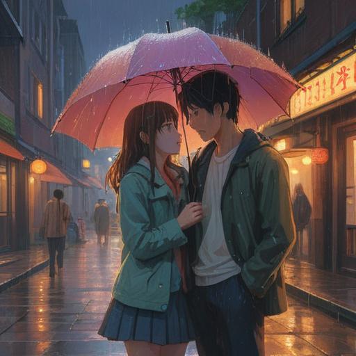 A serene and contemplative scene depicting a couple under an umbrella, gentle rain falling around them, ethereal glows illuminating their faces, soft whispers of nature in the background, symbolic raindrops connecting their hearts, subtle aura of spiritual significance, reflective expressions as they seek meaning, peaceful atmosphere, 4k
