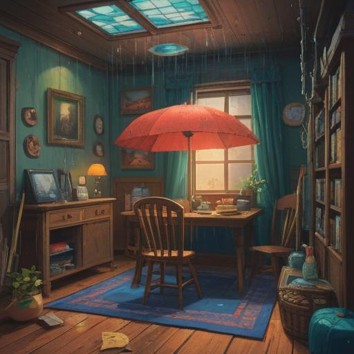 A whimsical illustration of a cozy room prepared for a rainy day, a collection of lucky items displayed on a table, a vibrant umbrella, a cute raincoat hanging nearby, a steaming cup of tea with a slice of lemon, warm lighting enhancing the peaceful atmosphere, gentle raindrops pattering on the window, inviting and cheerful, 4k