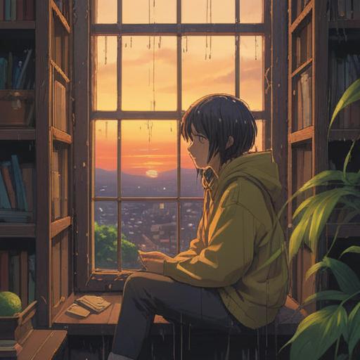 A serene and cozy scene, a person sitting by the window, rain gently falling outside, warm light illuminating the room, an inviting book and steaming cup of tea on the table, soft blankets wrapped around, calm and reflective mood, deep connection with nature, harmonious ambiance, 4k