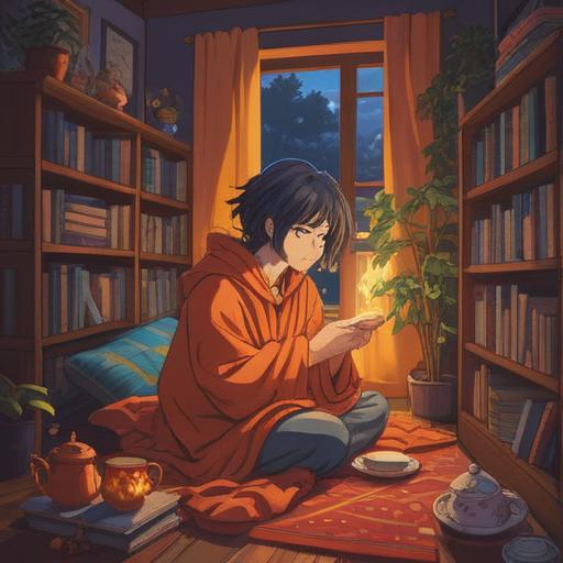 A cheerful illustration of a person in a cozy room, wrapped in a warm blanket, sipping herbal tea, surrounded by wellness books and essential oils, bright sunlight streaming through the window, a cheerful plant in the corner, positive energy, uplifting atmosphere, 4k