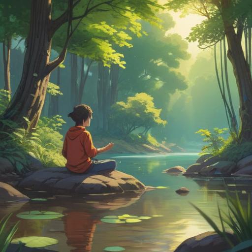 A serene landscape illustration, depicting a peaceful meditation scene, soft sunlight filtering through trees, a person meditating by a tranquil river, surrounded by lush greenery, symbols of good fortune like lucky coins and flowers, harmonious setting, a sense of balance and inner peace, 4k
