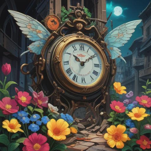 A surreal landscape representing lost opportunities transforming into new possibilities, a broken clock symbolizing the past, vibrant flowers blooming from the cracks, a bright sky filled with colorful butterflies, a winding path leading toward a hopeful horizon, rich details in nature, inspirational atmosphere, 4k