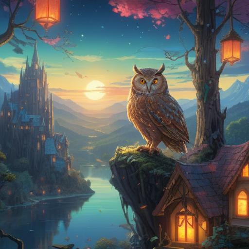 A mystical landscape featuring a shattered crystal, glowing fragments scattered around, soft ethereal light illuminating the scene, a wise owl perched nearby as a guardian, symbols of protection in the background, an aura of tranquility, unique texture on the crystal shards, vibrant colors contrasting with soft pastel skies, celestial elements in the air, 4k