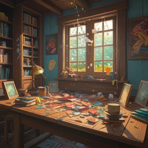 A symbolic representation of a broken cherished item, shards scattered on a wooden table, sunlight filtering through a window, a four-leaf clover shining among the debris, conveying hope and positivity, warm color palette, detailed textures, serene atmosphere, 4k