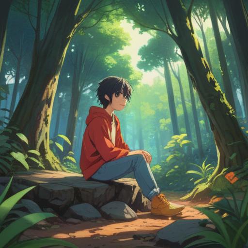 A serene and calming scene depicting a person sitting in a peaceful environment, surrounded by nature, gentle sunlight filtering through the trees, a sense of introspection and healing, symbols of growth and restoration like blooming flowers and serene water, subtle hints of spiritual energy in the atmosphere, soft and soothing colors, inviting and nurturing ambiance, 4k