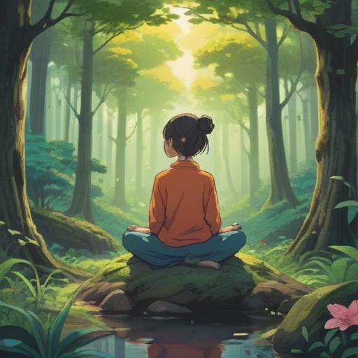 A serene moment of mindfulness preparation, a person meditating in a tranquil setting, soft natural light filtering through trees, peaceful expression, surrounding elements of nature symbolizing support, gentle colors, detailed foreground of flowers and greenery, calming atmosphere, emphasis on inner peace and readiness, 4k