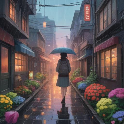 A serene scene depicting a significant day filled with rain, symbolic meaning of cleansing and renewal, soft raindrops falling gently on vibrant flowers, a person standing with an umbrella, looking contemplative, reflections of light in puddles, moody atmosphere, spiritual undertones, lush greenery, 4k
