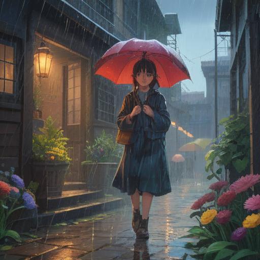 A spiritual illustration depicting a significant day marked by rain, soft raindrops cascading gently, bright flowers blooming amidst the rain, a serene atmosphere filled with hope and positivity, a couple celebrating under an umbrella, subtle light breaking through clouds, symbolic representation of blessings and renewal, 4k