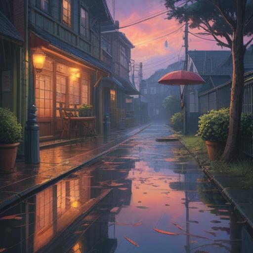 A serene outdoor scene on a rainy day, gentle raindrops falling from a cloudy sky, glistening puddles on the ground, a figure holding an umbrella, surrounded by lush greenery, soft ethereal glow, subtle spiritual symbols in the background, peaceful and reflective atmosphere, inviting sense of intuition and guidance, 4k