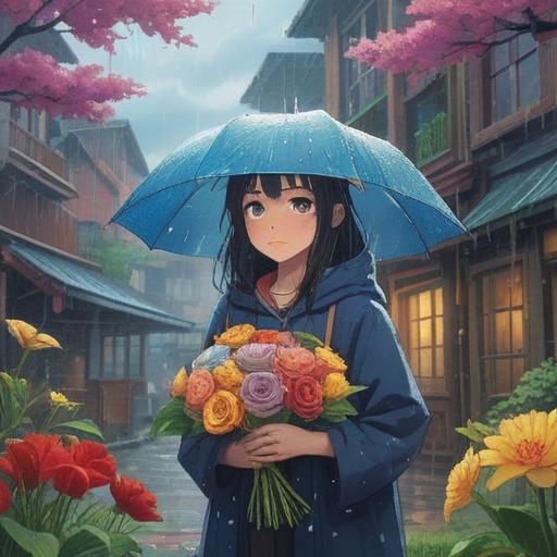 A serene scene capturing a special day with gentle rain falling, a beautifully wrapped lucky charm nestled in a vibrant flower bouquet, drops of water glistening, soft focus on the background, emotional atmosphere, symbolizing hope and joy, 4k