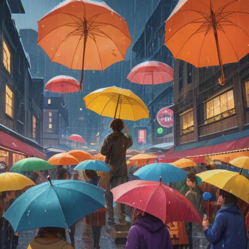A vibrant scene of people enjoying a festive outdoor event on a rainy day, colorful umbrellas scattered throughout the crowd, joyful expressions, puddles reflecting lights, food stalls, children playing, lush greenery in the background, a cozy atmosphere, warm light contrasting with the rain, 4k