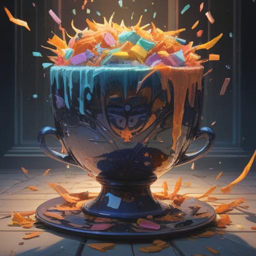 A shattered cup symbolizing loss and transformation, ethereal light surrounding the shards, a sense of caution and reflection, spiritual symbols emerging from the fragments, healing energy radiating from the scene, a calm and meditative atmosphere, vibrant colors representing emotions, 4k