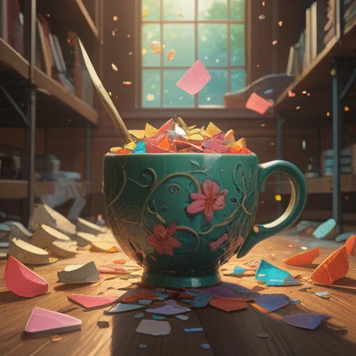A broken cup representing the start of new lucky possibilities, shards sparkling with potential, a serene setting with sunlight filtering through, hints of greenery and hope in the background, warm and inviting ambiance, symbolic imagery, 4k