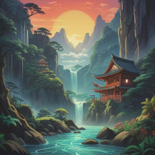A serene illustration of the deity Ōyamakui, surrounded by lush mountains and flowing streams, embodying the spiritual essence of nature and balance, ethereal light radiating around, symbolizing protection and harmony, tranquil atmosphere, soft colors, detailed natural elements, spiritual connection, 4k