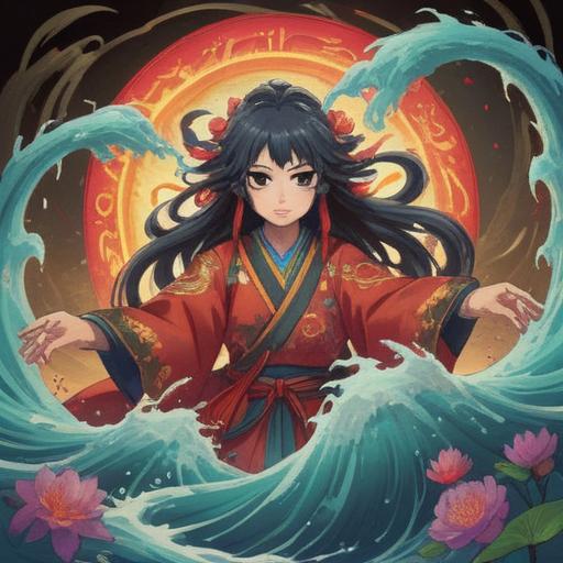 A serene and mystical scene, featuring the deity Oyamatsumi no Kami surrounded by flowing energy, vibrant symbols of good fortune, lush natural landscape, gentle light illuminating the surroundings, soft ethereal colors, spiritual tranquility, intricate details of traditional garments, harmonious atmosphere, 4k