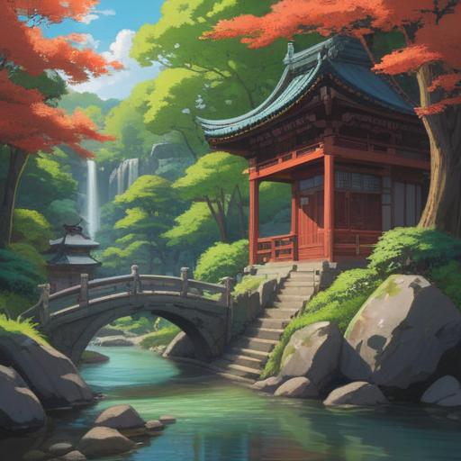 A serene and mystical landscape, featuring a tranquil shrine dedicated to Ōyamakui no Kami, gentle flowing stream, ethereal light filtering through dense trees, subtle spiritual symbols in the air, a sense of calmness and reverence, natural elements representing spiritual signs, vibrant flora and fauna surrounding the shrine, peaceful atmosphere, 4k