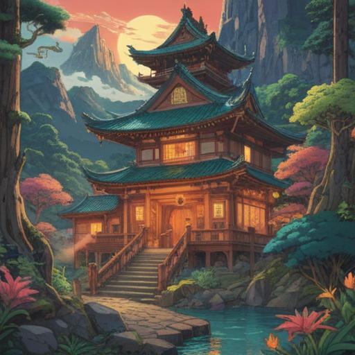 A vibrant illustration of a lucky charm inspired by the deity Ōyamakui, surrounded by lush mountains and nature, intricate designs symbolizing protection and blessings, traditional Japanese motifs, soft light filtering through trees, a serene and spiritual atmosphere, beautifully crafted talisman, 4k