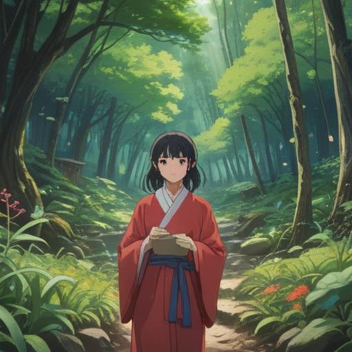 A serene and peaceful scene of people reflecting and expressing gratitude to Oyamakui no Kami, surrounded by nature, soft sunlight filtering through trees, traditional Japanese architecture in the background, individuals performing a ritual, serene expressions, harmonious atmosphere, vibrant greenery, tranquil water stream, colorful flowers, 4k