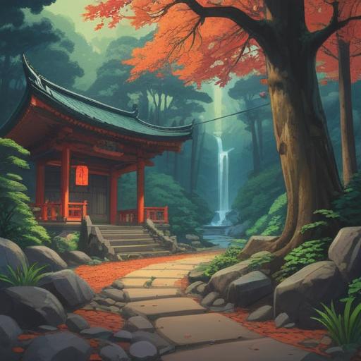 A tranquil scene at Mount Oyama Afuri Shrine, serene forest setting, gently flowing stream, lush greenery surrounding the shrine, glowing ethereal light illuminating the pathway, peaceful ambiance, Japanese torii gate, soft rays of sunlight filtering through the trees, spiritual symbolism, inviting and harmonious atmosphere, 4k